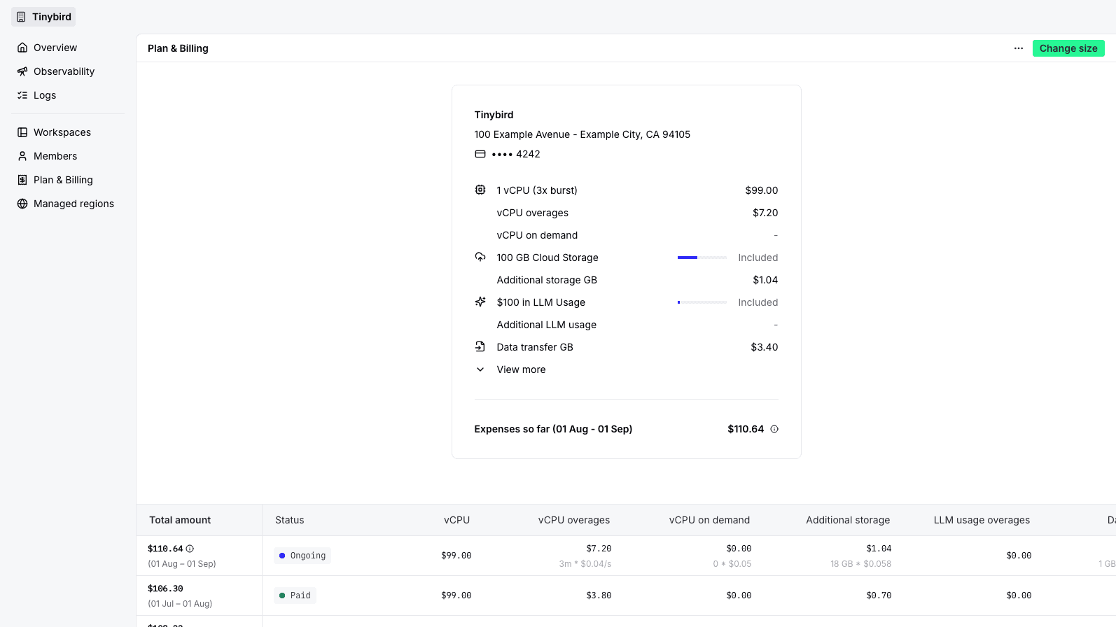 Developer plan usage, payment method, and invoices