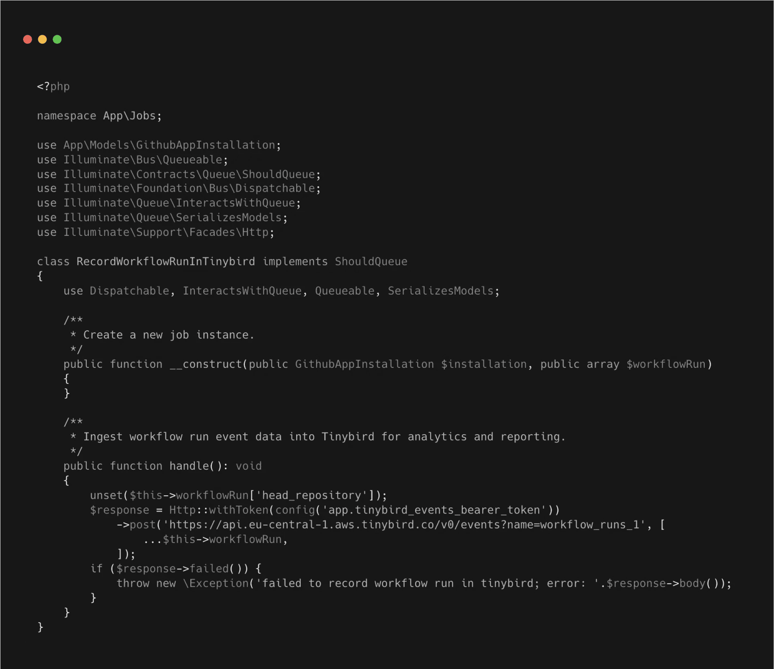 Streaming GitHub Action workflow events data to Tinybird only requires a few lines of code.