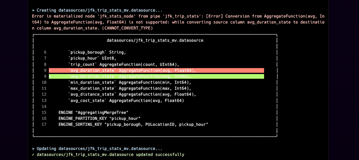 A screenshot of Tinybird Code output showing an error message when creating a materialized view data source. The agent receives the error message and updates the data source file to resolve the error