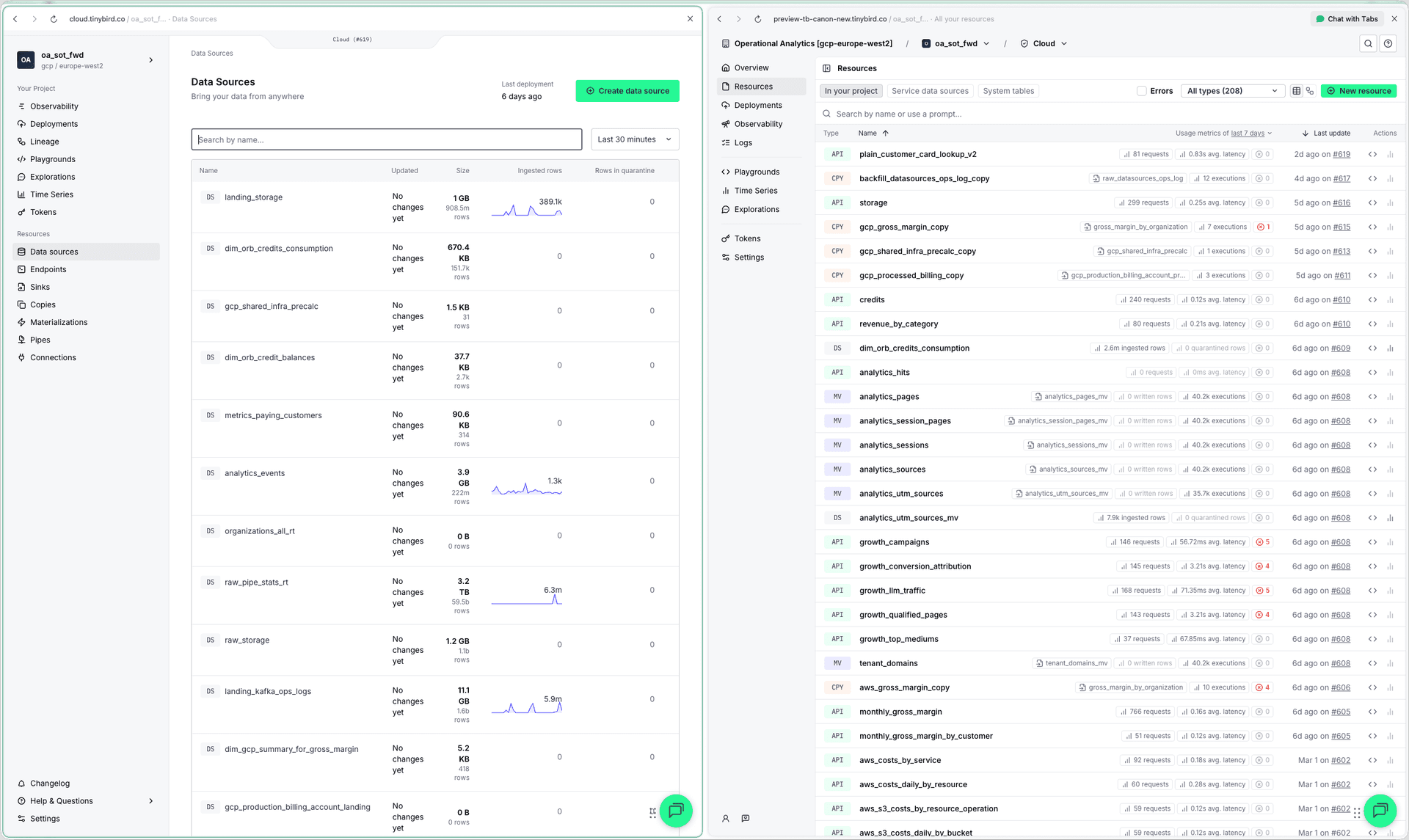 Tinybird UI before and after the redesign