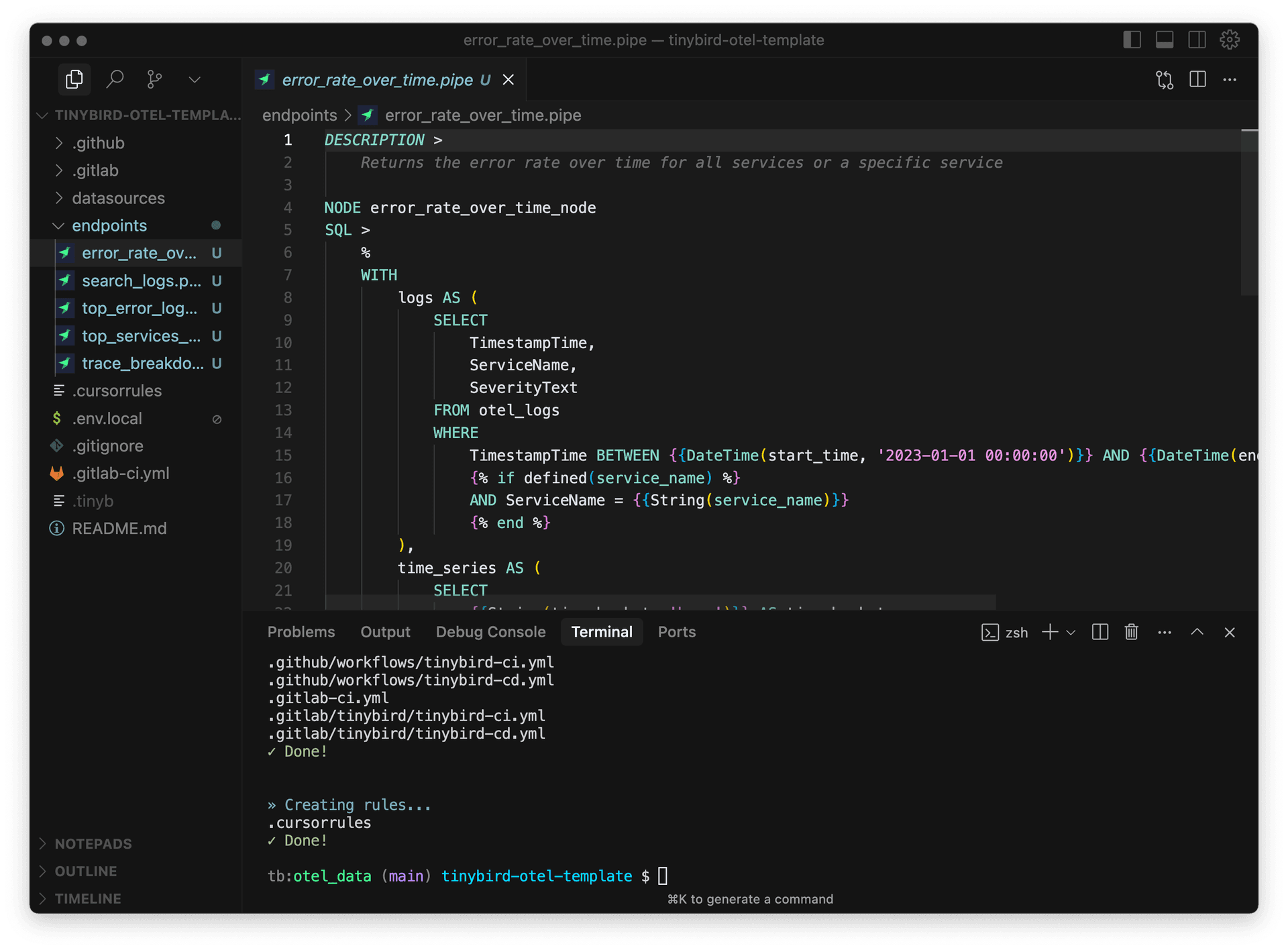 Cursor IDE showing Tinybird files to define real-time API endpoints over OpenTelemetry data