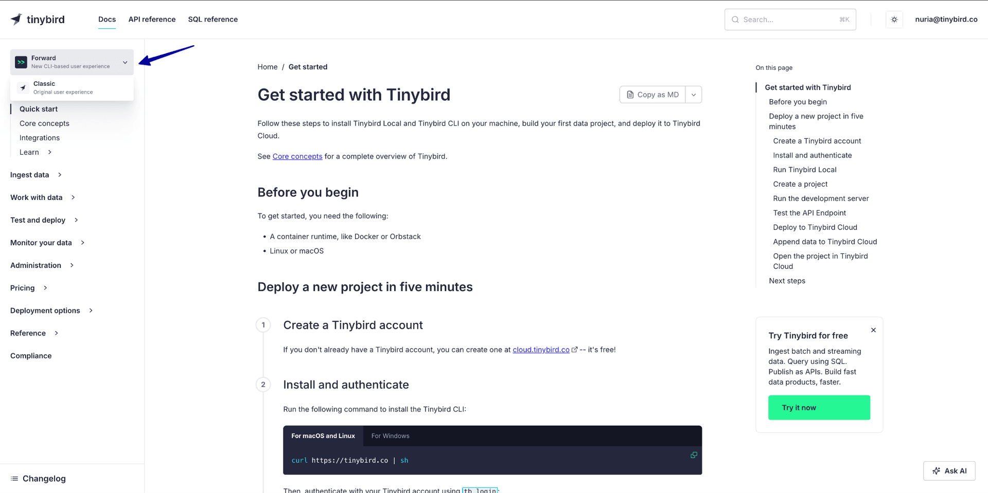 Docs: Switch between Classic and Forward