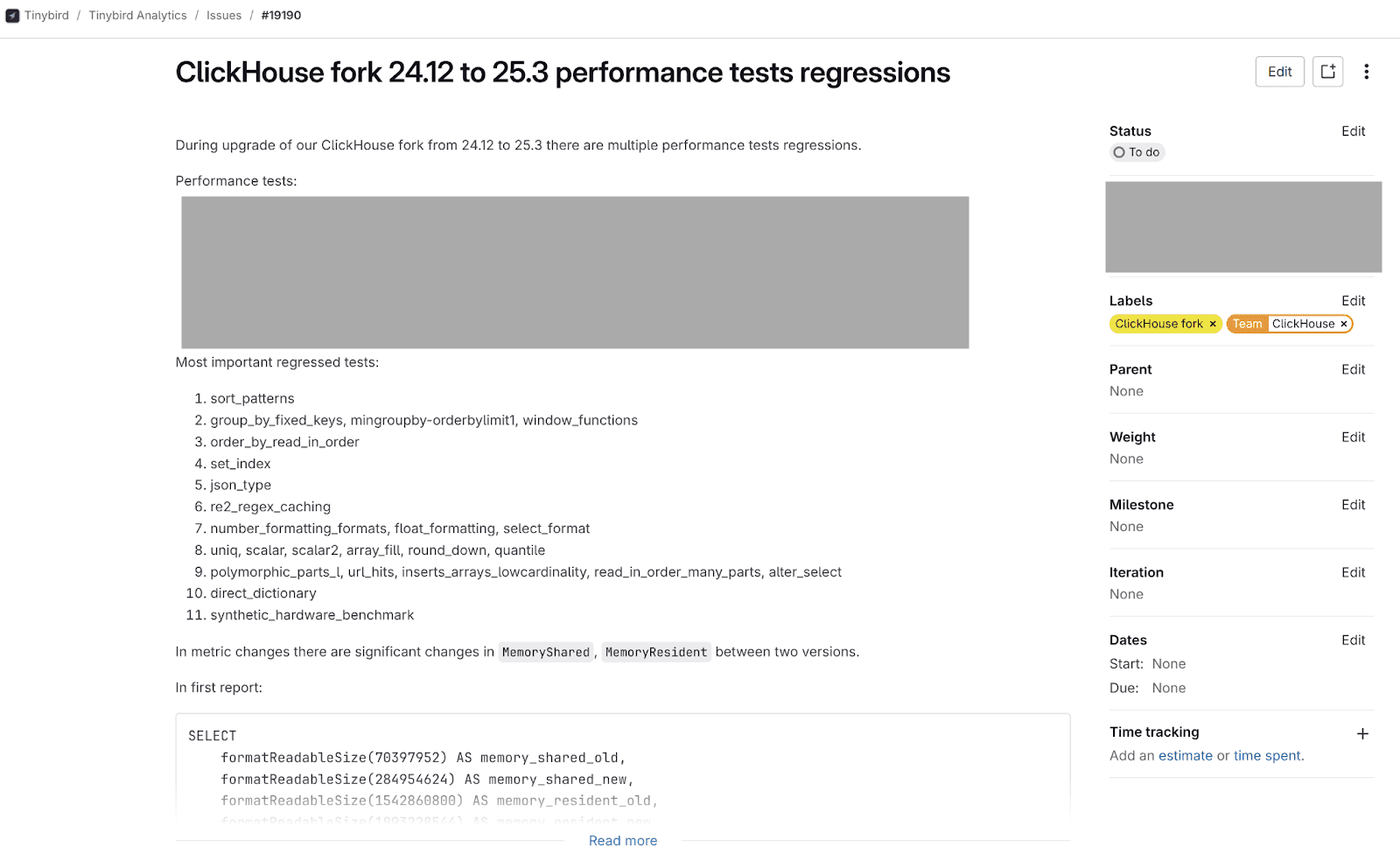 PR showing ClickHouse® performance test regressions
