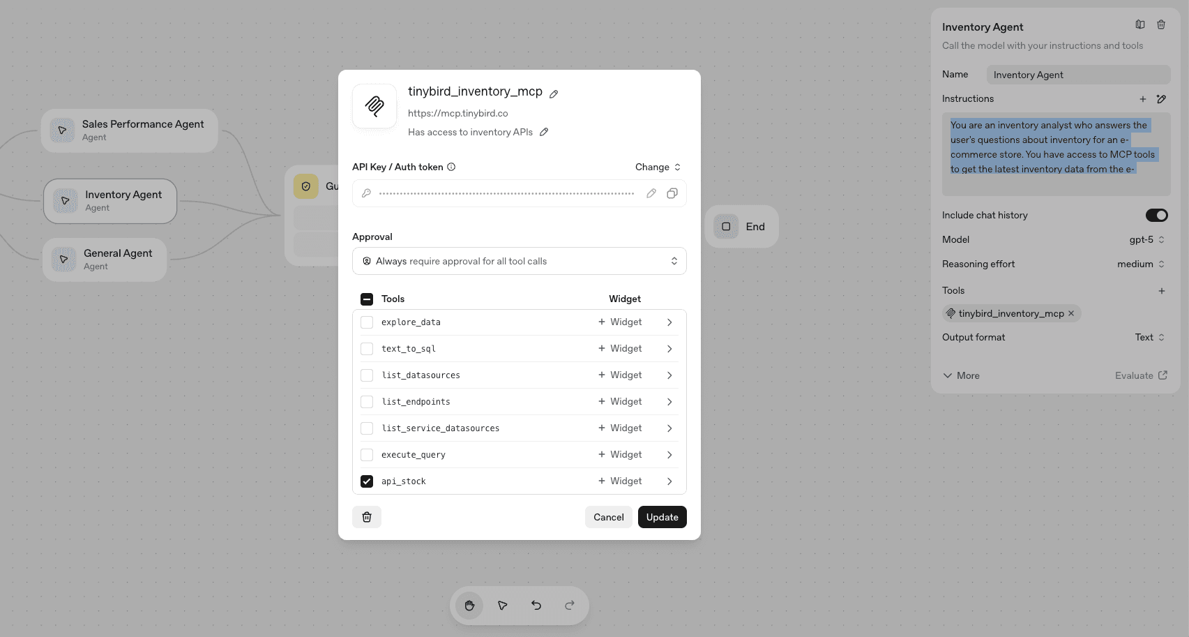 Inventory agent configuration in OpenAI Agent Builder