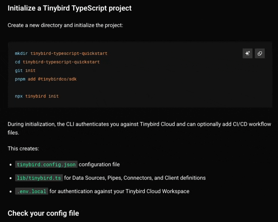 Explain with AI button in the Tinybird docs