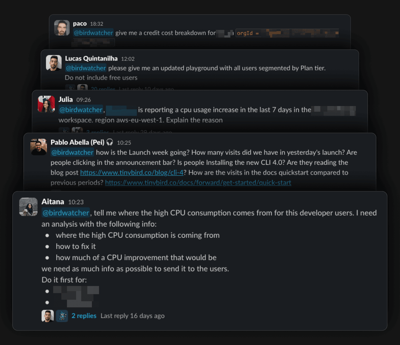 Examples of questions answered by the Birdwatcher Slack agent