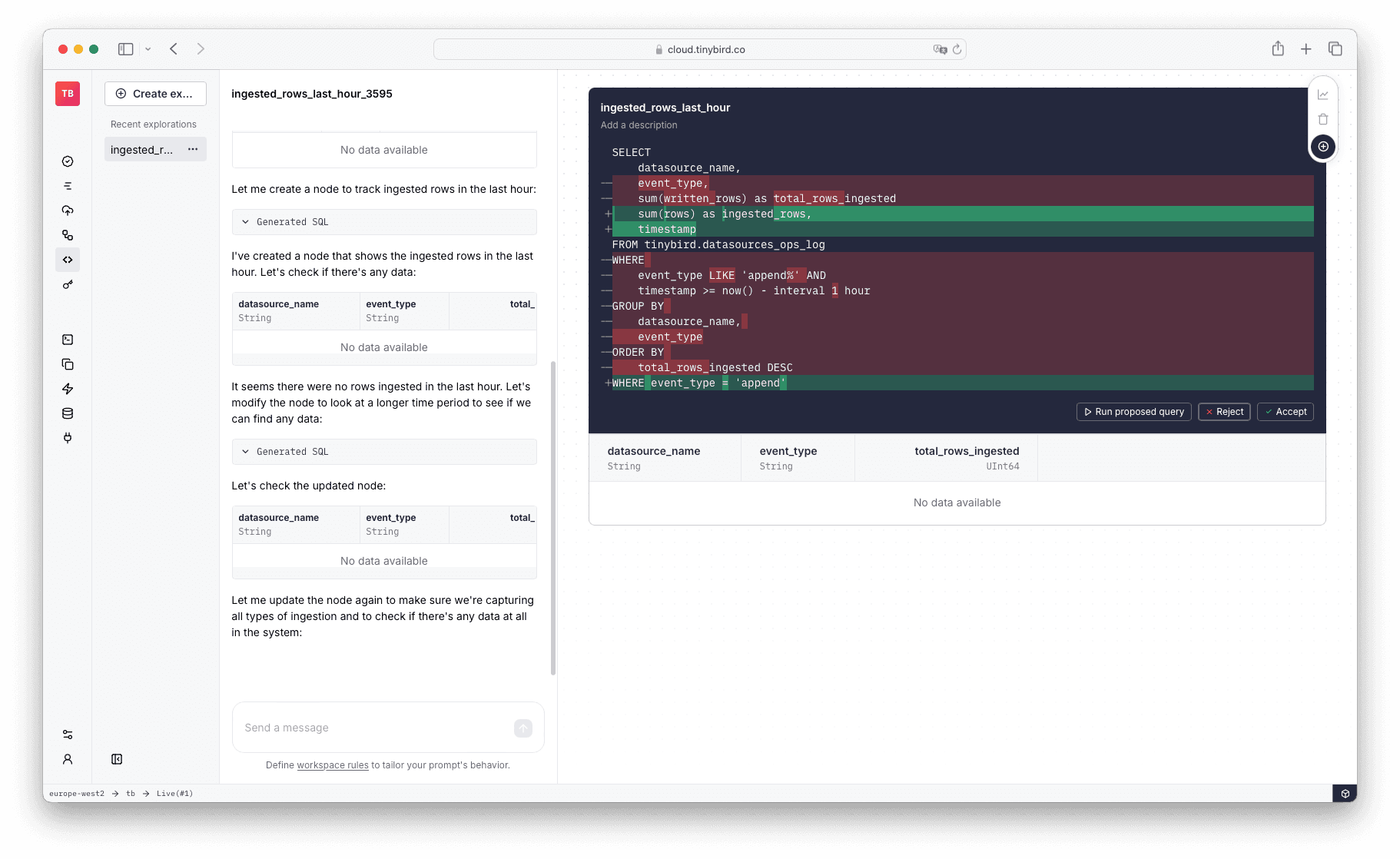 Example of an exploration with chat history on the left and generated SQL and table results on the right